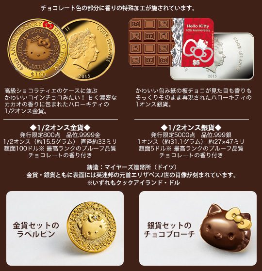 ハローキティ40周年を記念した“チョコレートの香り付き”の金貨・銀貨が